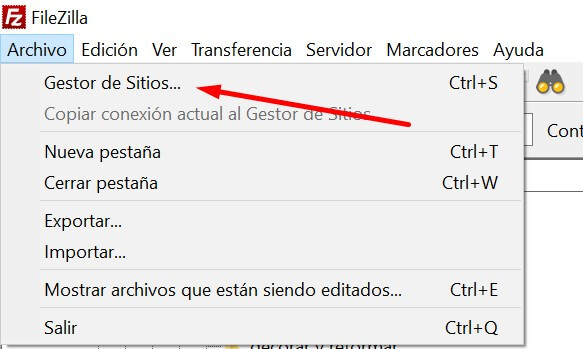 acceder gestión de sitios en Filezilla