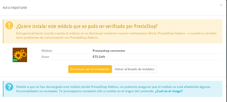advertencia al instalar modulo Prestashop 1.6