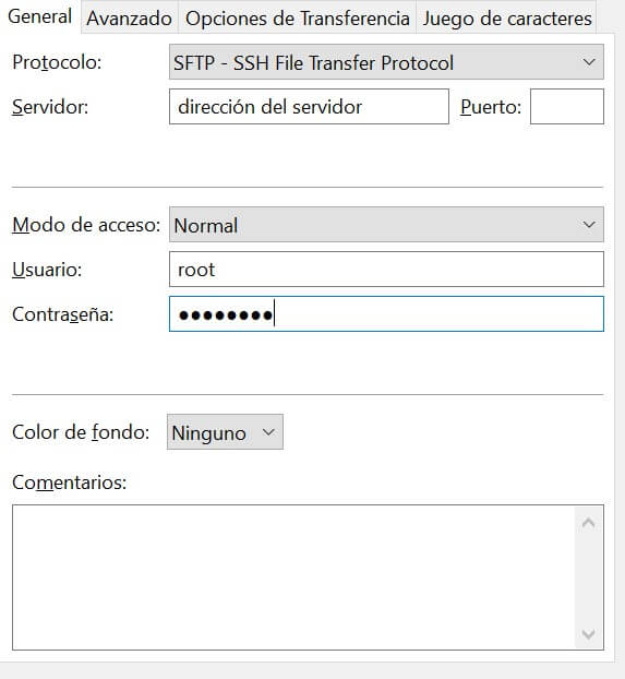 datos ssh en filezilla