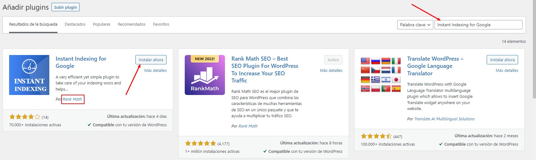 buscar Instant Indexing-for Google para wordpress