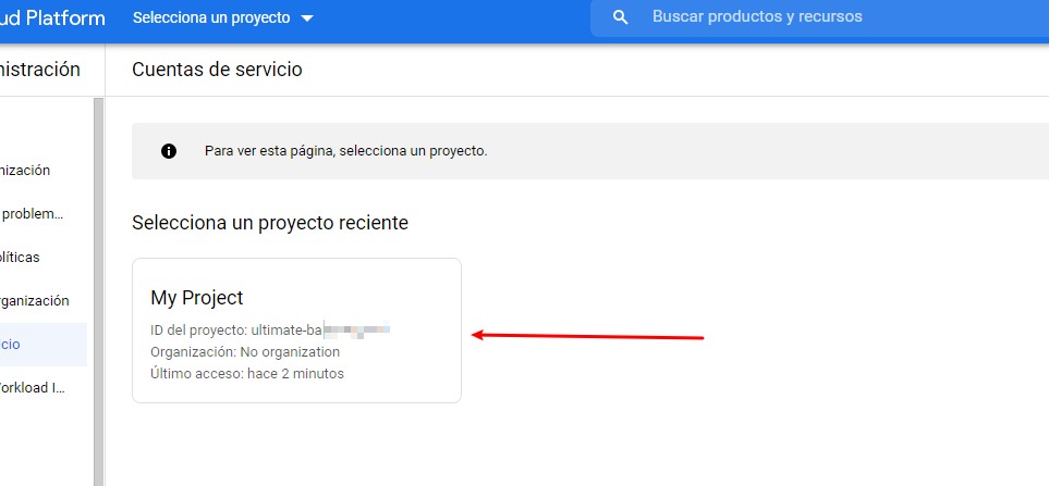 cuentas de servicio selección de proyecto