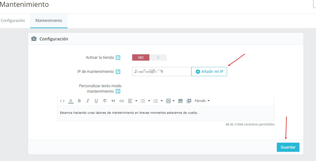 añadir ip publica en la sección de manteniente