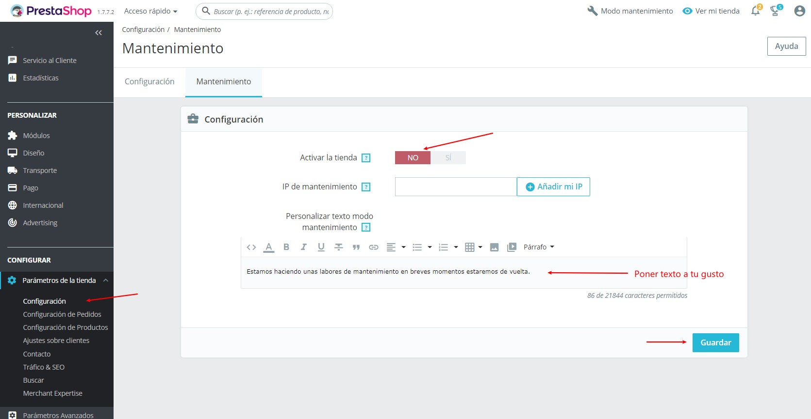 poner modo mantenimiento