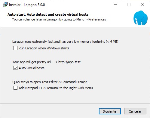 selección de opciones en laragon