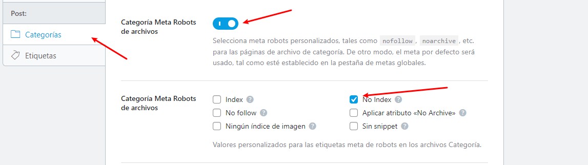 categorías en no index con rank math
