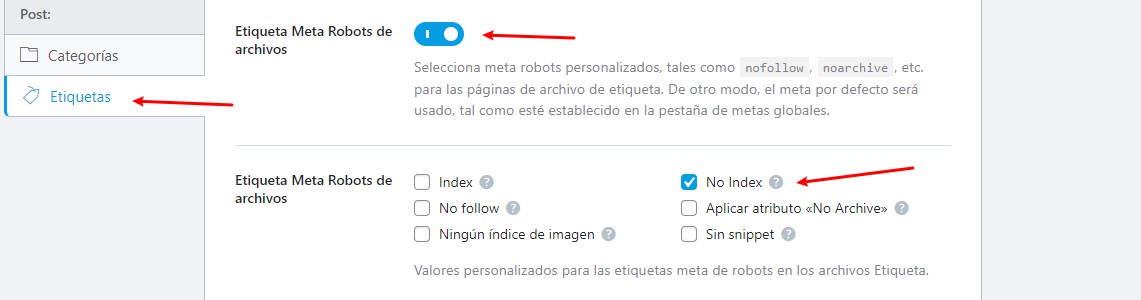 etiquetas en noindex con rankmath