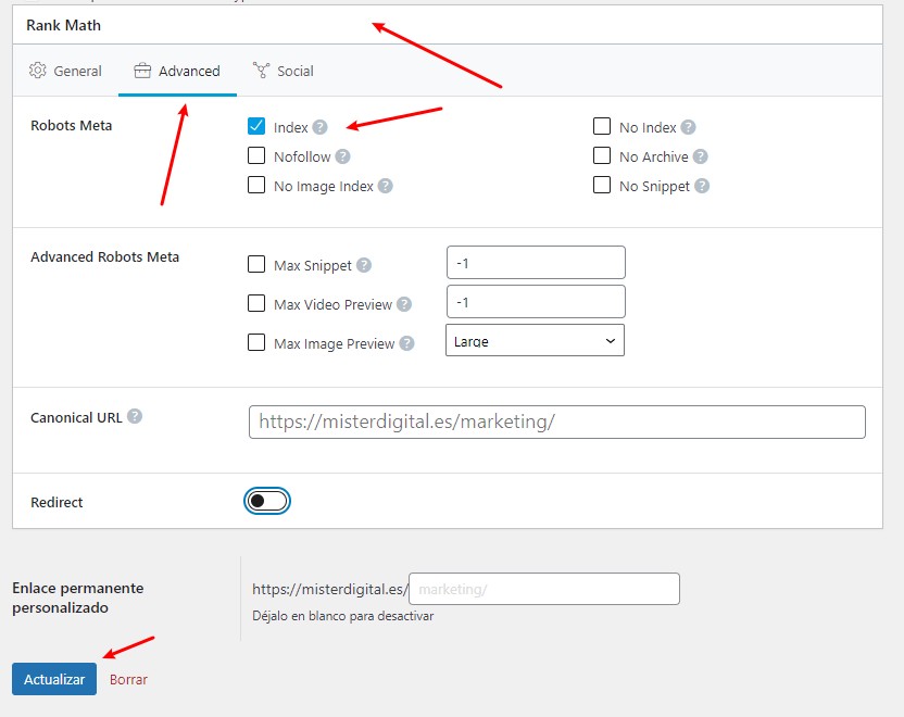 poner en index categoría con rank math