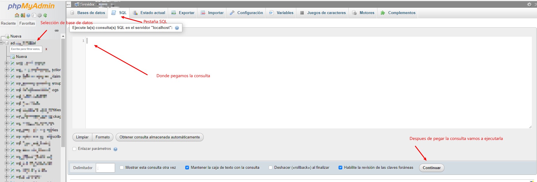 ejecutar consulta phpmyadmin