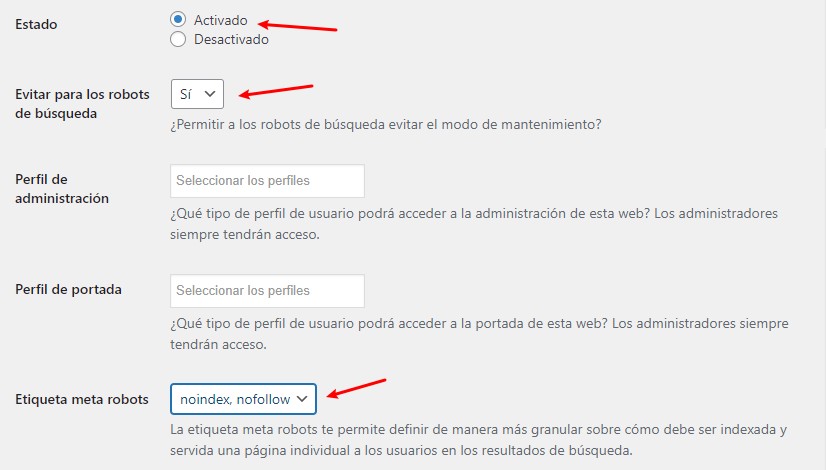 configuración modo mantenimiento