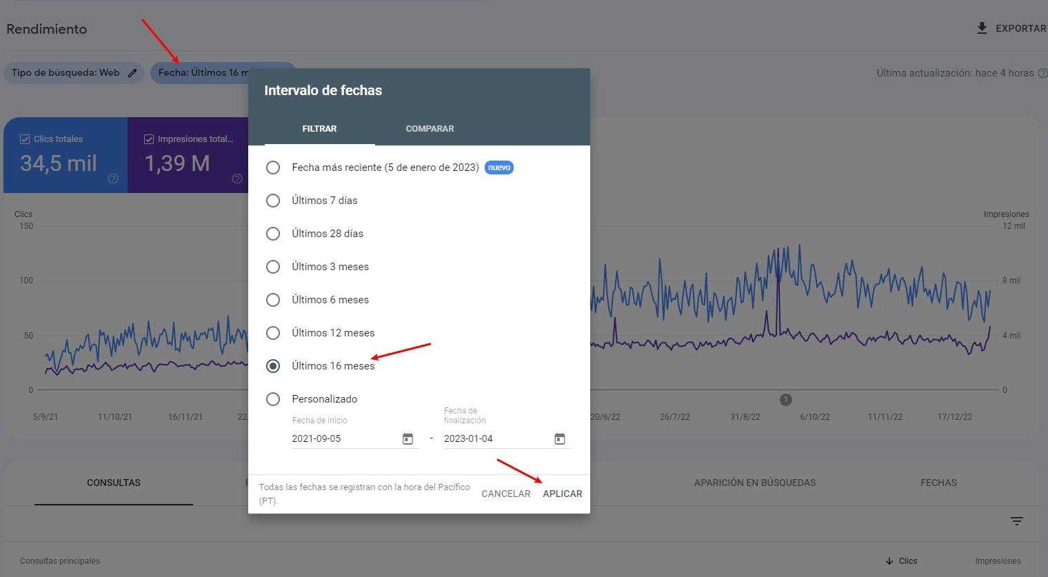 seleccionar fecha search console