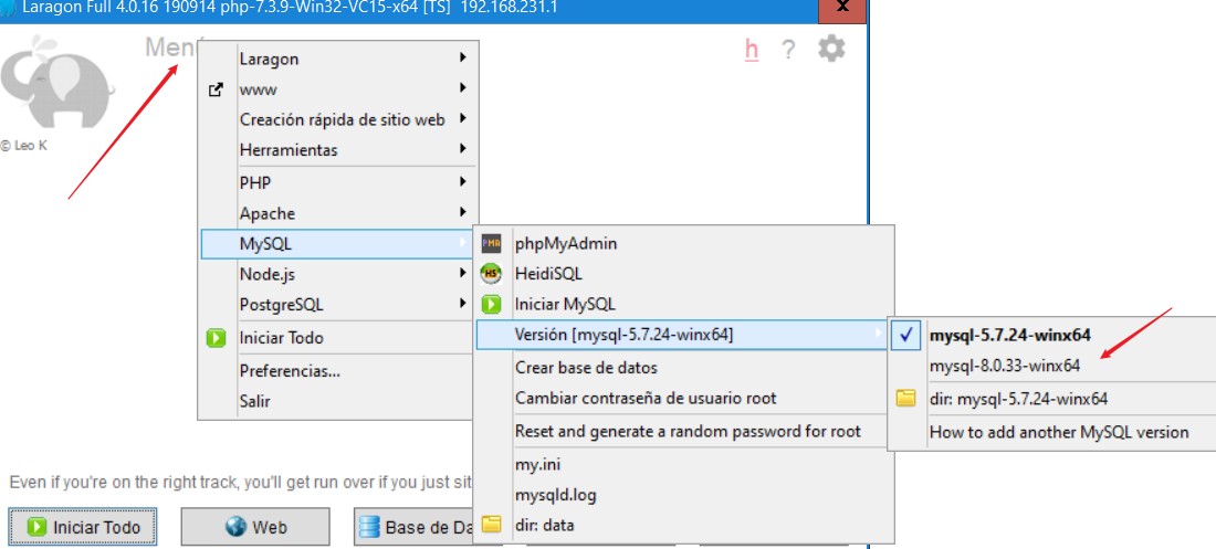 seleccionar version mysql 